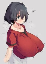 1girls big_breasts blue_eyes breasts clothes clothing dark_hair female female_only huge_breasts kaban_(kemono_friends) kemono_friends light-skinned_female simple_background solo spy_artservice tagme