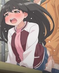 1boy black_hair blush brown_eyes character_request clothed_sex commentary_request copyright_request female jacket long_hair long_sleeves open_mouth sex solo_focus standing standing_sex straight sweat teeth tomu_(tomubobu) uchuujin_muumuu umayasihki_sakurako upper_teeth_only