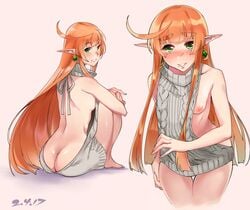 areolae ass breasts elf female female_only green_eyes kenshin187 kiara_(kenshin187) long_hair nipples orange_hair pointy_ears solo virgin_killer_sweater