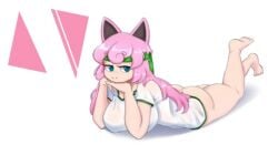 animal_ears ass barefoot blue_eyes bottomless breasts cat_ears chin_rest female full_body long_hair lying on_stomach pink_hair shirt solo striped t-shirt