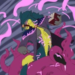1:1 anthro big_penis bodily_fluids book brom_(sahurus) bromsergal claws clothing costume cum darckhumor erection fangs fur genital_fluids genitals green_body green_fur grey_body grey_fur hi_res leaking_cum magic magic_user male penis sergal solo tail tail_tuft teeth tentacle tentacle_around_body tentacle_around_penis tentacles_around_legs tuft yellow_body yellow_fur