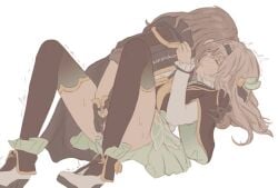 2girls aqua_dress aqua_thighhighs black_gloves black_hairband blush closed_eyes cowgirl_position cropped_jacket dress female firefly_(honkai:_star_rail) frilled_sleeves frills gloves grey_hair hair_between_eyes hair_intakes hair_ornament hair_ribbon hairband honkai:_star_rail honkai_(series) hug implied_fingering korshokor long_sleeves multiple_girls neckerchief open_mouth orange_neckerchief pussy_juice ribbon shirt simple_background stelle_(honkai:_star_rail) sweatdrop thighhighs trailblazer_(honkai:_star_rail) twitter_username white_background white_shirt yuri