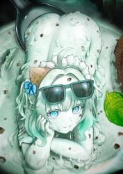 1girls ahoge artist_request ass big_ass blue_eyes chocolate_chips completely_nude cream elf_ears female food_creature glasses green_hair head_on_hand ice_cream ice_cream_girl living_food looking_at_viewer mint_fantome on_all_fours pointy_ears seductive seductive_look spoon sunglasses tagme tagme_(artist) thighs virtual_youtuber vtuber waffle