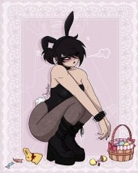 angry angry_face black_hair boots brown_eyes bunny bunny_ears bunny_tail bunnysuit chevonne_rojas cheydler creepcoffin creepypasta easter female goth goth_girl mole mole_under_mouth moles pierced_ears piercing platform_boots spiked_armband the_chain_bridge_crawler thick_ass thick_thighs