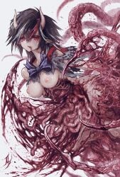 absurdres badass black_hair blood blood_on_face blue_bow blue_bowtie bow bowtie breasts commission crying crying_with_eyes_open entrails feet_out_of_frame female guro hair_between_eyes highres horns intestines kijin_seija large_breasts looking_at_viewer multicolored_hair nipples open_mouth organs pointy_ears red_eyes red_hair ribs shirt short_hair skeb_commission solo stomach_(organ) streaked_hair tears tentacle torn_clothes torn_shirt touhou white_background white_horns yu-ki_iwata
