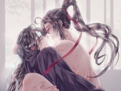 2boys ahoge anal bare_back bare_shoulders bbbeyonce099 bite_mark black_hair black_hanfu black_robe blush carrying chinese_clothes ear_blush eye_contact from_side hair_ribbon hand_on_another's_head hanfu headband hickey high_ponytail highres hug implied_sex indoors lan_wangji leg_grab long_hair long_sleeves looking_at_another male male_focus modao_zushi multiple_boys off_shoulder open_mouth ponytail profile red_eyes red_ribbon ribbon robe sex upper_body wei_wuxian white_headband yaoi yellow_eyes