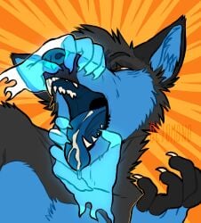 0ct0m0n0 abstract_background anthro black_body black_fur blue_body blue_fur blue_tongue bodily_fluids canid canine claws cum cum_in_mouth cum_inside disembodied_hand duo fangs finger_claws front_view fur genital_fluids hi_res male mammal mouth_play narrowed_eyes open_mouth solo_focus teeth tongue tongue_out white_claws