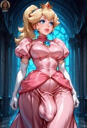 1futa ai_generated balls big_balls big_breasts big_bulge big_penis breasts bulge dress futa_only futanari intersex light-skinned_futa light-skinned_futanari mario_(series) penis penis_under_clothes princess_peach solo yo0001