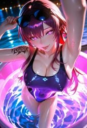 ai ai_art ai_generated glistening glistening_genitalia honkai:_star_rail kafka_(honkai:_star_rail) masterpiece neon_lights night seductive sexy sexy_pose smile swimsuit swimwear waifu water
