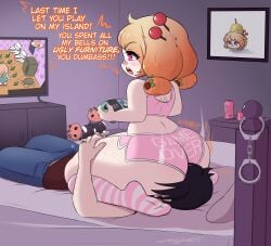 1boy 1girls artistic_lamp bottom_heavy dialogue english_text facesitting female flat_chest freckles gaming gigantic_ass handcuffs hyper_ass immy_bisou jumping knee_socks male monster_energy nintendo_switch on_bed pear-shaped_figure pink_socks playing_videogame soles_of_feet_in_socks striped_knee_socks text thick_thighs upper_teeth_only vallure virtual_youtuber white_stripes wide_hips