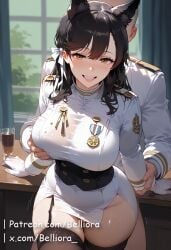 1boy 1girls ai_generated animal_ears artist_name atago_(azur_lane) azur_lane bangs belliora black_hair blush breast_grab breasts brown_eyes extra_ears female garter_straps gloves grabbing grabbing_from_behind hair_ribbon indoors large_breasts long_hair looking_at_viewer male military military_uniform miniskirt mole mole_under_eye open_mouth patreon ribbon skirt smile straight thighhighs uniform web_address white_gloves white_ribbon window