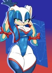 1girls arms_up big_breasts blue_eyeshadow blue_leotard bow carrotia_the_rabbit covered_navel covered_nipples cowboy_shot cropped_jacket dazielhedg eyelashes eyeshadow female green_eyes half-closed_eyes leotard makeup mobian_(species) open_jacket rabbit_ears rabbit_girl sonic_(series) sonic_the_hedgehog_(archie) sonic_the_hedgehog_(series) thick_thighs thighhighs white_fur wide_hips