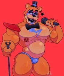 1boy 4_fingers animatronic bara belly biceps bodypaint bowtie bulge dad_bod ear_piercing five_nights_at_freddy's five_nights_at_freddy's:_security_breach glamrock_freddy_(fnaf) male male_focus male_only microphone moobs muscular_male nipple_piercing nipples ornyrabi77 pecs shoulder_pads slutty_clothes solo solo_male stripper therabit thong top_hat topless underwear