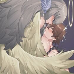 1boy absurdres angel angel_wings black_shirt blonde_hair blue_eyes blush breasts brown_eyes brown_hair bwcloud commentary_request commission cowgirl_position feathered_wings female halo hand_on_another's_chest head_wings heavy_breathing highres implied_sex large_breasts long_hair looking_at_another male mon-musu_quest! motion_lines multiple_wings nipples pixiv_commission seraph_eden seraph_wings shirt simple_background sweat sweatdrop wings