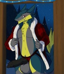 absurd_res animal_genitalia anthro balls big_balls big_penis brom_(sahurus) claws clothing doorframe erection fangs fillinek fur genitals green_body green_fur grey_body grey_fur hi_res jockstrap male pattern_clothing penis plaid plaid_clothing plant presenting red_eyes sergal smile smiling_at_viewer smirk smirking_at_viewer snow solo tail tail_tuft teeth tree tuft underwear winter yellow_body yellow_fur