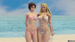 3d adnarimydeth athletic athletic_female beach bikini blonde_hair brown_hair busty capcom drill_hair female female_focus female_only hourglass_figure karin_kanzuki long_hair micro_bikini outdoors outside sakura_kasugano short_hair street_fighter street_fighter_v wide_hips