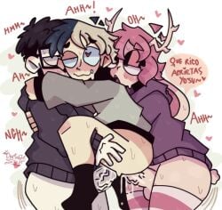 3boys anal anal_sex anthro antlers big_ass black_hair black_hoodie black_socks blonde_hair blue_hair blush brown_eyes bunny_boy cherubiesan clothed clothed_sex clothing cum cumshot dialogue digital_drawing_(artwork) double_anal double_penetration femboy femboy_on_male furry furry_on_human fzst gay gay_sex genital_fluids glasses heart-shaped_pupil holding holding_leg hoodie human interspecies light-skinned_male looking_pleasured looking_up luisardo male male_only male_penetrating moaning orgasm penis pink_hair purple_hoodie rabbit rabbit_boy red_eyes sex short_hair smiling socks spanish_text striped_thighhighs sweat sweating sweaty_body text thighhighs threesome two_tone_hair veiny_penis white_shirt white_skin yaoi yosu youtube youtube_hispanic