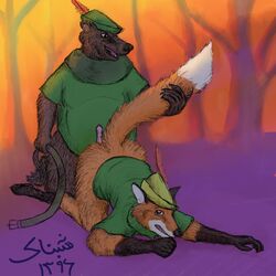 2017 anthro ass bear belt bent_over canine clothed clothing disney erection fox fur gay gloves_(marking) imminent_sex little_john looking_at_viewer male male_only mammal markings open_mouth penis robin_hood_(character) robin_hood_(disney) shabnack_(artist) socks_(marking) sunrise tail_grab white_fur yaoi