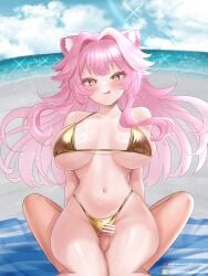 1boy animal_ears bar_censor bare_shoulders beach bikini blush breasts censored closed_mouth cloud cloudy_sky collarbone day english_commentary female hair_intakes highres hiroshi_shin hololive hololive_english hololive_english_-justice- large_breasts long_hair looking_at_viewer male mixed-language_commentary multicolored_hair navel ocean outdoors panther_ears panther_girl penis pink_hair raora_panthera sand sky smile solo_focus stomach streaked_hair sweat swimsuit thigh_sex thighs tongue tongue_out virtual_youtuber yellow_bikini yellow_eyes