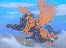 abs anal anal_sex anthro biceps big_muscles bite bodily_fluids cum duo ear_bite equid equine flying flying_sex from_behind_position genital_fluids hi_res holding_character hooves horse huge_muscles lightning_rider male male/male mammal muscular muscular_anthro muscular_male muscular_thighs mythological_creature mythological_equine mythology pegasus penetration pony rizzy_stripe rizzyofen scared scared_expression sex speech_bubble spread_wings unguligrade wings zebra