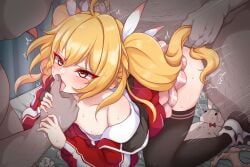 absurdres after_kiss ahoge all_fours black_thighhighs blonde_hair blue_archive blush breasts breasts_out collarbone daram_(shappydude) doggy_style dot_nose drooling fat fat_man female grabbing_another's_hair grabbing_another's_hand group_sex hair_between_eyes highres jacket kneehighs long_hair md5_mismatch mmf_threesome multiple_boys nipples no_bra pink_skirt pleated_skirt red_jacket sex sidelocks size_difference skirt small_breasts socks straight sweat tearing_up textless_version thighhighs threesome tongue tongue_out twintails vaginal_penetration yellow_eyes yoshimi_(blue_archive)