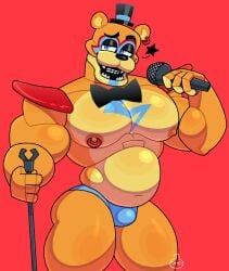 1boy 4_fingers animatronic bara belly biceps bodypaint bowtie bulge dad_bod ear_piercing five_nights_at_freddy's five_nights_at_freddy's:_security_breach glamrock_freddy_(fnaf) male male_focus male_only microphone moobs muscular_male nipple_piercing nipples ornyrabi77 pecs shoulder_pads slutty_clothes solo solo_male stripper therabit thong top_hat topless underwear