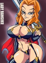 1girls arms_up big_breasts bikini bikini_bottom bleach blue_eyes bracer breasts busty cape chaos_comics cleavage coffin_comics cosplay crossover curvy eyeliner female female_only front_view garter garter_straps gray_hair holding holding_object holding_sword holding_weapon hourglass_figure huge_breasts human lady_death lady_death_(cosplay) large_breasts long_hair looking_at_viewer manic47 matsumoto_rangiku midriff orange_hair pose posing rangiku_matsumoto shiny shiny_skin simple_background solo standing sword voluptuous weapon wide_hips