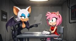 2025 ai_generated amy_rose black_catsuit deviantart drawing elryusam green_eyes interrogation interrogation_room meta not_porn red_dress rouge_the_bat sega sonic_(series) sonic_the_hedgehog_(series)