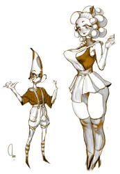 1boy 1girls 2024 apron banana big_breasts blush blushing_female clothed curvy curvy_body curvy_female curvy_figure extinctyellow eyelashes female fruit_humanoid glasses grapes high_heels kneehighs looking_at_another maid_uniform male monochrome original original_character round_glasses sfw skirt smaller_male suspenders taller_girl thick_thighs watermark white_background wide_hips