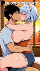 1boy 1girls 2025 ai_assisted ai_generated anime artist_name bare_shoulders big_breasts big_chest blue_hair blush breasts breasts_out bust busty cat_ears cat_girl chest closed_eyes clothes_down erect_nipples exposed_breasts exposed_nipples female fireplace hard_nipples hi_res high_quality high_resolution highres horns hug hunter_x_hunter indoors large_breasts neferpitou nipple nipples nipples_outside orange_sky patreon patreon_username romantic_ambiance shorts skypassion stable_diffusion straddling straight sun sunset sweat uncensored_nipples upright_straddle watermark window