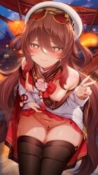absurdres ass_visible_through_thighs blush breasts brown_hair censored chinese_clothes closed_mouth clothes_lift dress dress_lift eyewear_on_head female flower-shaped_pupils genshin_impact hair_between_eyes hat highres hu_tao_(cherries_snow-laden)_(genshin_impact) hu_tao_(genshin_impact) jewelry lifting_own_clothes long_hair long_sleeves looking_at_viewer m-da_s-tarou navel official_alternate_costume panties pussy red_eyes ring round_eyewear small_breasts smile solo sunglasses symbol-shaped_pupils thigh_gap thighhighs thighs twintails underwear v