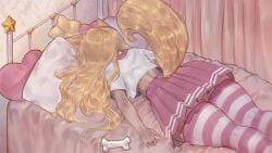 alternate_version_available bed bedroom blonde_hair bone crop_top dog_girl dog_tail female female_only furry_female lying lying_down lying_on_bed lying_on_stomach original pink_bed_sheet pink_skirt pleated_skirt skirt sleeping star tail_up thick_thighs thighhighs thighs tsuchu0 yellow_fur yellow_hair