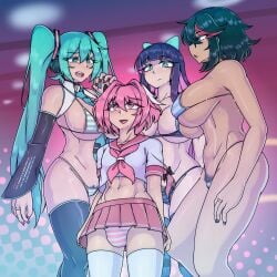 1boy 3girls astolfo_(fate) big_breasts blue_hair cute_male female femboy femboy_on_female femboy_with_female hatsune_miku huge_breasts kill_la_kill male matoi_ryuuko milf milf_love_young_man panty_&_stocking_with_garterbelt pink_hair pubic_hair_peek scuttlefish size_difference skirt smaller_male straight striped_panties stripes tagme vocaloid younger_male
