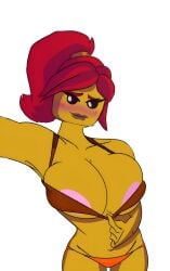 big_breasts blush breasts brown_bra female hot_girl ninjago orange_pants red_hair skylor_(ninjago) teasing