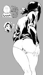1boy 5ji_kitaku ass bad_id bad_twitter_id chainsaw_man character_request charlie_brown copyright_request female from_behind grey_background higashiyama_kobeni highres ice_cream_cone inactive_account long_sleeves panties peanuts_(comic) plague_doctor_mask ponytail pulling_own_clothes pussy pussy_peek simple_background translation_request underwear