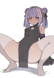 :/ absurdres ahoge alternate_costume arm_support bare_shoulders black_dress black_ribbon black_sleeves blunt_bangs blush breasts bun_with_braided_base cameltoe china_dress chinese_clothes cleavage_cutout closed_mouth clothing_cutout covered_navel covered_pussy detached_sleeves diamond_cutout double_bun dress female hair_bun hair_intakes hair_ribbon hands_on_floor highres jiangshi_costume leaning_back legs_folded looking_at_viewer m_legs mandarin_collar medium_hair moriartea no_panties no_shoes ofuda ofuda_on_head paid_reward_available pelvic_curtain purple_hair pussy ribbon shadow shinomiya_runa shiny_skin side_slit side_up_bun sidelocks simple_background sleeveless sleeveless_dress sleeves_past_fingers sleeves_past_wrists small_breasts solo spread_legs squatting thighhighs tight_clothes tight_dress translucent twintails virtual_youtuber vspo! white_background white_thighhighs yellow_eyes