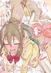 1boy bangs blush breasts brown_hair cardigan censored closed_eyes clothed_sex cross_section cum cum_in_pussy doggy_style female hair_between_eyes highres hori_yuuko idolmaster idolmaster_cinderella_girls long_hair long_sleeves mosaic_censoring nipples open_cardigan open_clothes open_mouth penis ponytail pussy red_neckwear sex sidelocks straight sweater thighs vaginal_penetration yamaguchi_(shinigami-no-barad) yellow_sweater