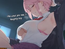 2025 ai_assisted ai_generated anime anime_girl anime_style arm_up armpits artist_name bangs black_jacket blush bow bowtie bra breasts collared_shirt dandadan english_text female hi_res high_quality high_res high_resolution highres jacket large_breasts long_sleeves looking_at_viewer open_clothes open_jacket parted_lips patreon patreon_username pink_bra pink_eyes pink_hair pleated_skirt purple_skirt red_bow red_bowtie red_eyes rinkoai school_uniform shiratori_aira_(dandadan) shirt short_hair sideboob skirt sleeveless smile solo sweat uncensored underboob underwear watermark white_shirt