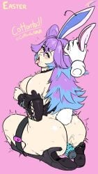 1girls 9:16 areolae arm_sleeves ass blue_highlights blush bodily_fluids breasts bunny_ears bunny_tail corset cottontail_(vtuber) dildo dildo_in_pussy easter fakeryway female female_only furry heel_boots hi_res indie_virtual_youtuber kneeling large_ass large_breasts long_hair looking_back nipples open_mouth pink_background pleasure_castle pleasure_face purple_hair rear_view remote_control_vibrator sex_toy solo thick_ass thick_thighs thigh_strap tongue_out virtual_youtuber