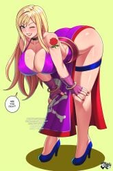 alluring big_breasts blonde_hair blue_eyes bonne_jenet cleavage dress fatal_fury fatal_fury:_city_of_the_wolves female high_heels jadenkaiba king_of_fighters kneel legs posing snk winking_at_viewer