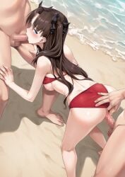 2boys absurdres ass beach bent_over bikini bikini_bottom_aside bikini_top_lift black_hair black_ribbon blue_eyes blush breasts censored clothes_lift clothing_aside commentary_request commission fate/stay_night fate_(series) fellatio female hair_ribbon henria highres long_hair looking_at_viewer male medium_breasts mosaic_censoring multiple_boys nipples ocean oral outdoors penis red_bikini ribbon sex skeb_commission spitroast standing standing_sex straight swimsuit tohsaka_rin two_side_up