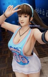 1girls 3dloveandpeace basketball_jersey basketball_uniform bench big_breasts blue_grey_eyes brown_hair dead_or_alive earrings female headband hi_res highres hitomi_(doa) locker_room necklace peace_sign ponytail selfie sideboob smile tecmo