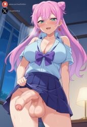 1futa ai_generated balls big_breasts big_penis blush cock dickgirl erection foreskin futa_only futanari fuufu_ijou_koibito_miman green_eyes huge_cock indoors intersex light-skinned_futanari light_skin long_hair looking_at_viewer penis pink_hair precum roxygtf smug solo sweat sweating sweaty_body uncircumcised watanabe_akari