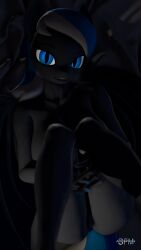 9:16 anthro anthroponiessfm bat_pony blue_eyes blue_hair blue_nail_polish blue_nails colored_nails dark_theme diamond_azure equid fan_character female genitals grey_body hair hasbro hi_res looking_at_viewer mammal multicolored_hair my_little_pony nails nude pupils pussy slit_pupils solo two_tone_hair white_hair