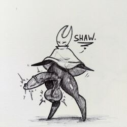 2025 2_horns arthropod baguetteartt balls big_balls big_penis biped black_body black_eyes black_text clothing dialogue english_text ftm_crossgender futa_only futanari genitals glans hi_res hollow_knight horn hornet_(hollow_knight) hornibaguette huge_balls huge_cock humanoid_genitalia humanoid_penis hyper hyper_balls hyper_genitalia hyper_penis intersex male motion_lines penis rule_63 simple_background solo standing team_cherry text vein veiny_penis