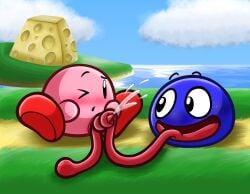 absurdres blue_body blush cloud cloudy_sky footwear gooey_(kirby) highres kirby kirby_(series) male male_focus male_only nintendo one_eye_closed open_mouth outdoors penis pink_body precum red_footwear shinysteenee sky tapering_penis tongue yaoi
