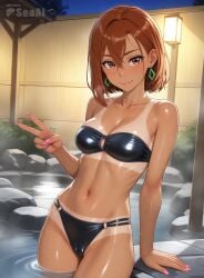 1girls ai_generated ayase_momo bikini cameltoe cleavage closed_mouth cowboy_shot curvaceous curvy curvy_female curvy_figure dandadan female looking_at_viewer medium_breasts nail_polish onsen partially_submerged pink_nails seacreator smile solo standing tan_body tan_skin tanline v_sign