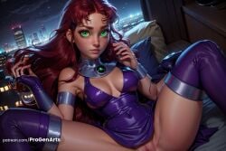 1girls ai_generated armlet bare_shoulders boomerang_(tv_network) breasts cartoon_network covered_navel dc dc_comics dress green_eyes hi_res koriand'r lips long_hair looking_at_viewer medium_breasts night no_panties orange_skin pillow progenarts purple_thighhighs pussy red_hair shiny_clothes shiny_skin solo spread_legs starfire superhero superheroine teen_titans thigh_boots thighhighs uncensored warner_brothers