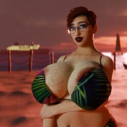 3d beach bikini_top blender busty dawgbomb futanari intersex massive_breasts may_(dawgbomb) nipple_slip original_character spilling_breasts sunset tight_bikini tight_clothing
