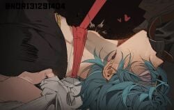 2boys belt black_background black_pants black_shirt blue_hair blush brown_belt commentary cum cum_on_body erection facial fellatio heart irrumatio leash lighter_(zenless_zone_zero) lying male male_focus motion_lines multiple_boys on_back open_pants oral pants penis red_leash rolling_eyes runa_(nori31291404) sheet_grab shirt solo_focus sunglasses sweat symbol-only_commentary t-shirt throat_bulge twitter_username x-ray yaoi yellow-framed_eyewear zenless_zone_zero